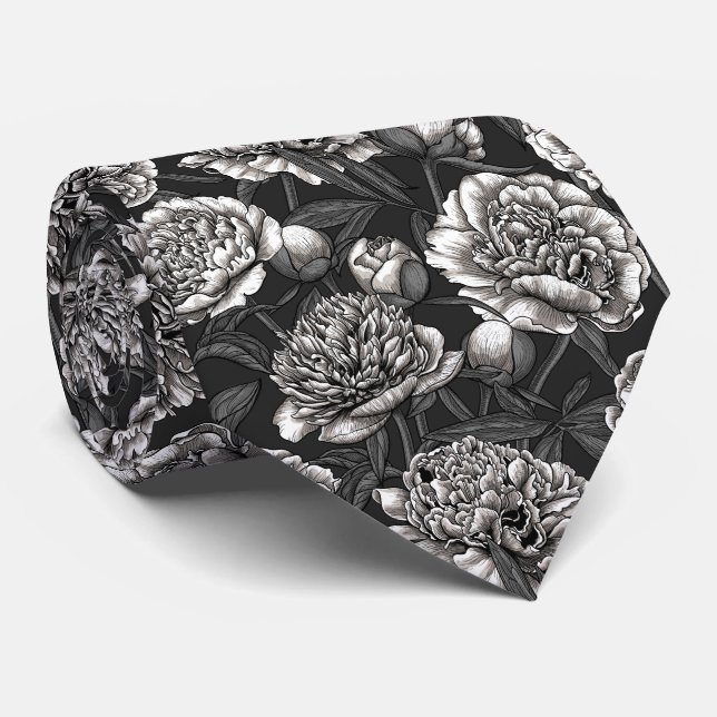 White peony flowers on dark grey tie (Rolled)