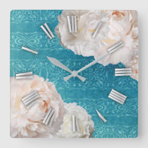 White Peony Flowers On Turquoise Damask Pattern Square Wall Clock