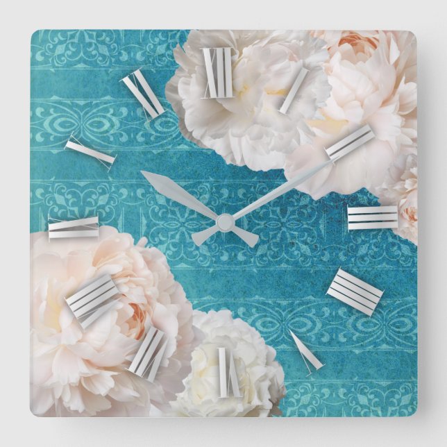 White Peony Flowers On Turquoise Damask Pattern Square Wall Clock (Front)