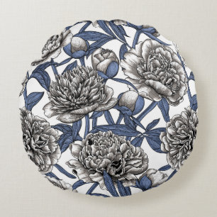 White peony flowers round cushion