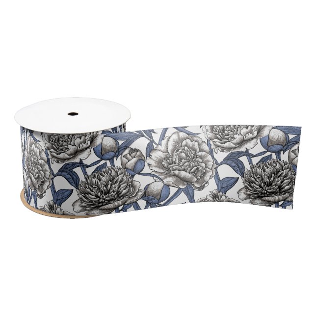 White peony flowers satin ribbon (Spool)