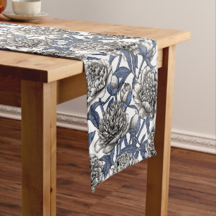 White peony flowers short table runner