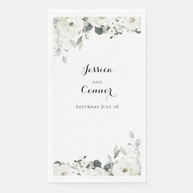 White Peony Flowers Silver Sage Greenery Wedding Napkin (Front)