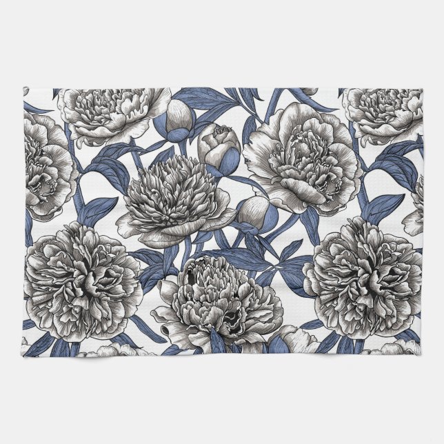White peony flowers tea towel (Horizontal)