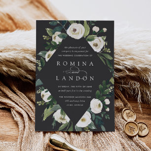 White Peony   Geometric Floral Frame Wedding Invitation