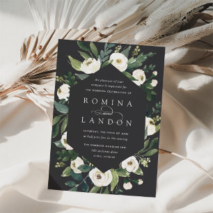 White Peony   Geometric Floral Frame Wedding Invitation