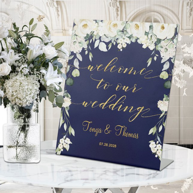 White Peony Gold Calligraphy Navy Welcome Wedding Pedestal Sign (Creator Uploaded)