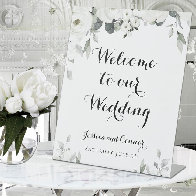 White Peony Greenery Welcome To Our Wedding Pedestal Sign (Creator Uploaded)