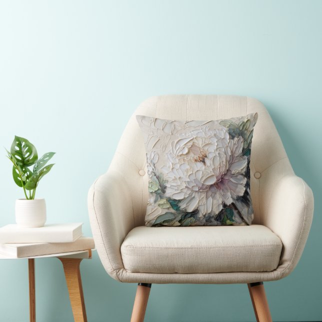 White Peony Impasto Art Cushion (Chair)