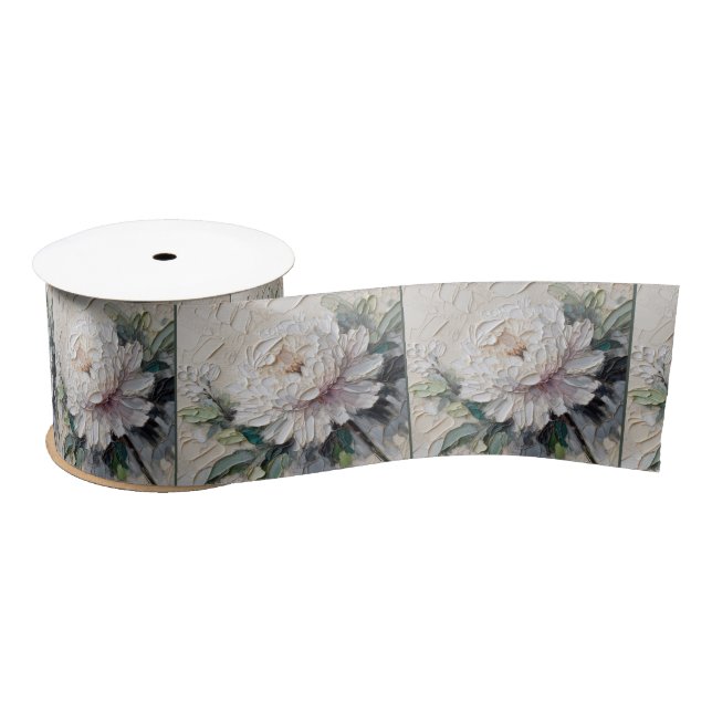 White Peony Impasto Art Satin Ribbon (Spool)