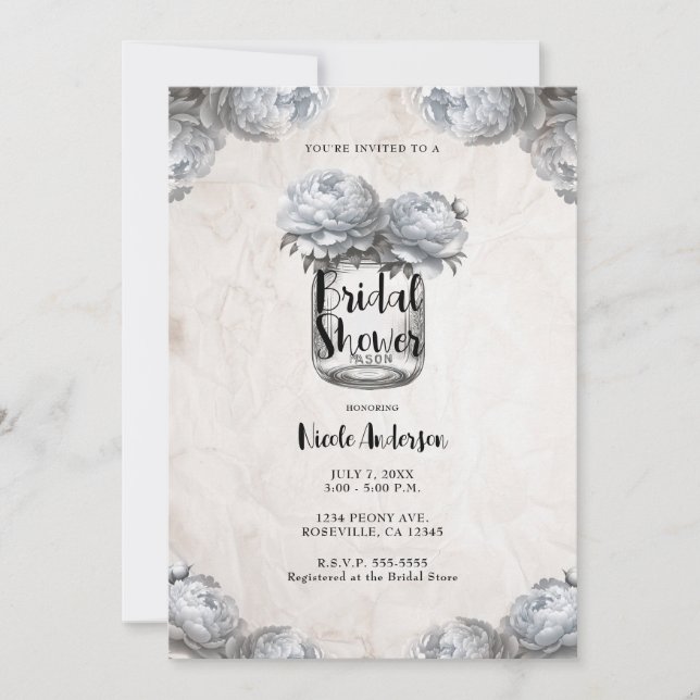 White Peony Mason Jar Rustic Bridal Shower  Invitation (Front)
