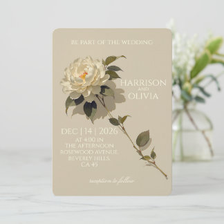 White Peony Minimal Elegant Ivory Floral Wedding  Invitation