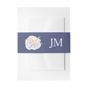 White Peony Monogram Floral Blue Wedding Invitation Belly Band