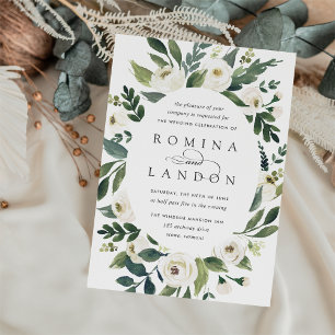 White Peony Oval Frame Floral Wedding Invitation