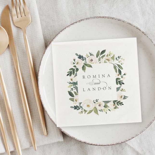 White Peony | Personalised Floral Frame Wedding Napkin (Creator Uploaded)