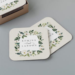 White Peony   Personalised Floral Frame Wedding Square Paper Coaster