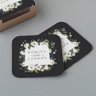 White Peony Personalised Floral Frame Wedding Square Paper Coaster