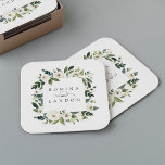 White Peony | Personalised Floral Frame Wedding Square Paper Coaster<br><div class="desc">Our White Peony watercolor floral wedding collection features delicately painted watercolor greenery,  green botanical foliage and white and ivory peony flowers. Personalise these coasters with your names,  joined by a decorative script accent.</div>