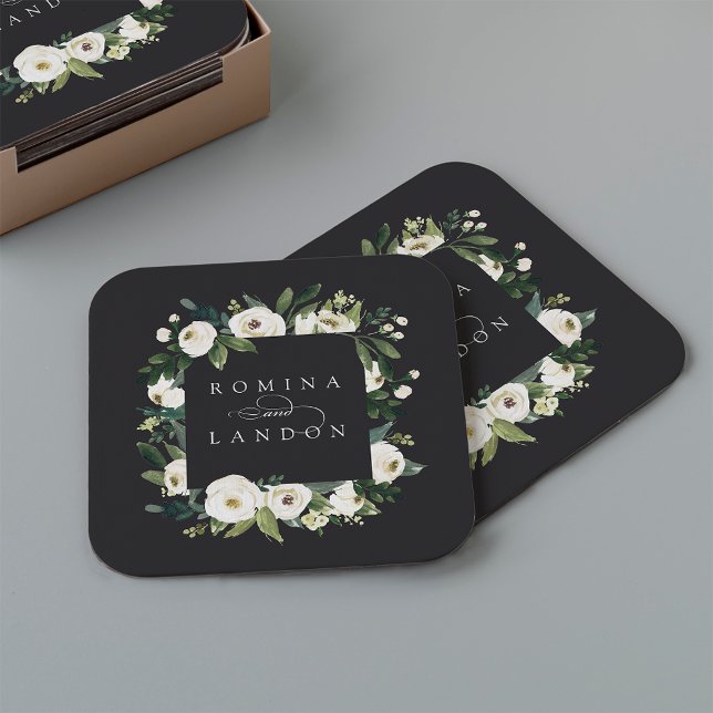 White Peony | Personalised Floral Frame Wedding Square Paper Coaster (Creator Uploaded)