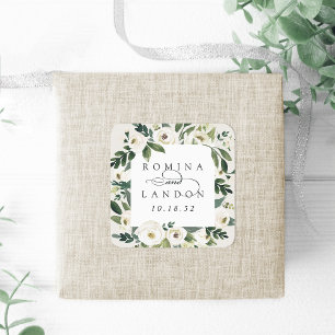 White Peony Personalised Floral Frame Wedding Square Sticker