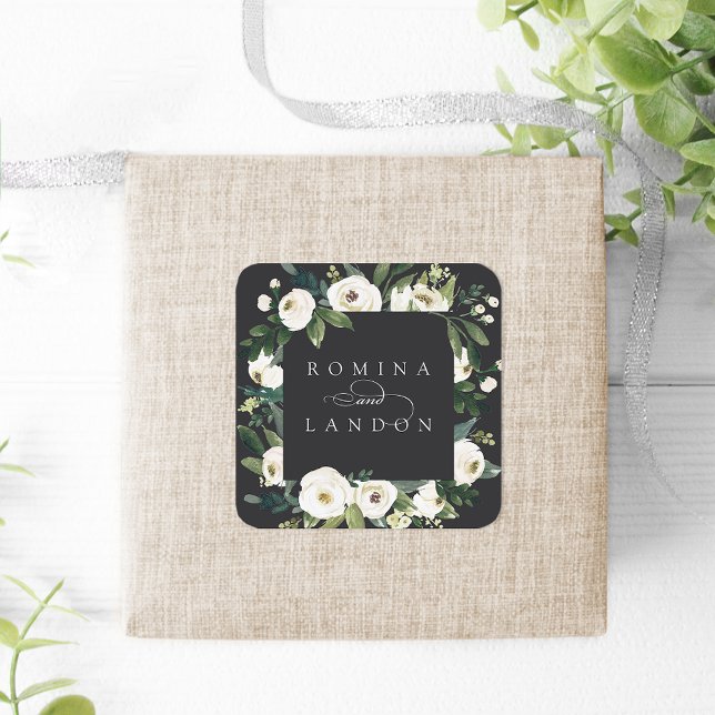 White Peony | Personalised Floral Frame Wedding Square Sticker (Creator Uploaded)