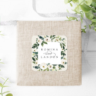 White Peony   Personalised Floral Frame Wedding Square Sticker