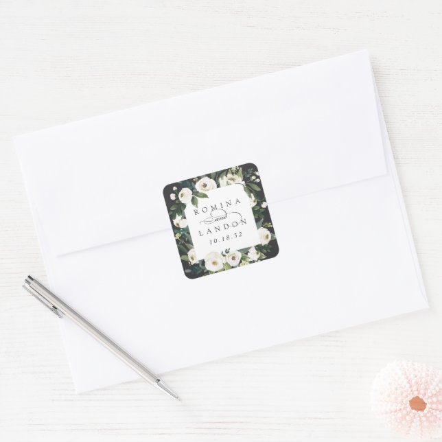White Peony | Personalised Floral Frame Wedding Square Sticker (Envelope)