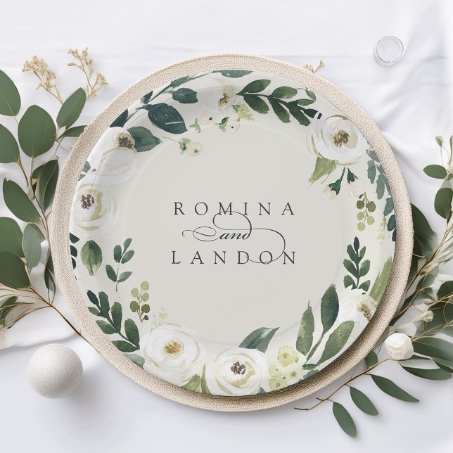 White Peony | Personalised Floral Wreath Wedding Paper Plate (Creator Uploaded)