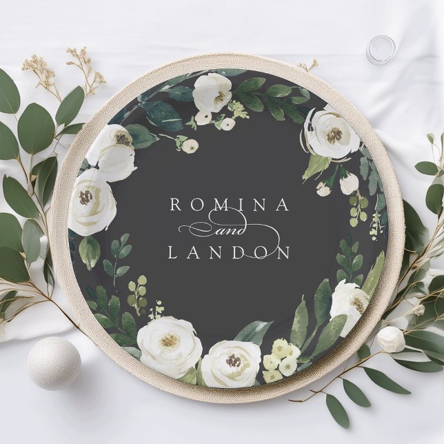 White Peony | Personalised Floral Wreath Wedding Paper Plate (Creator Uploaded)