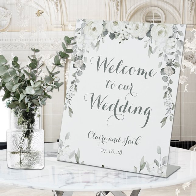 White Peony Silver Greenery 2 Welcome To Wedding Pedestal Sign (Creator Uploaded)