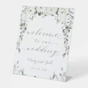 White Peony Silver Greenery Welcome To Our Wedding Pedestal Sign