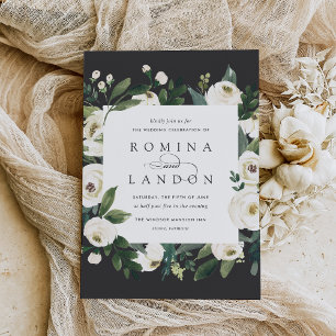 White Peony   Square Floral Frame Wedding Invitation