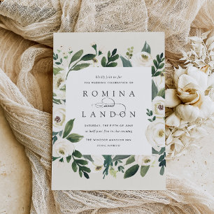 White Peony Square Floral Frame Wedding Invitation