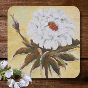 White Peony Square Paper Coaster