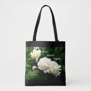 White Peony Trio, 1 Thessalonians 5:17-18 Tote Bag