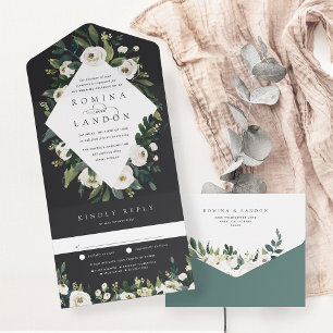 White Peony   Watercolor Floral Frame Wedding All In One Invitation