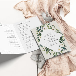 White Peony Watercolor Floral Frame Wedding Program