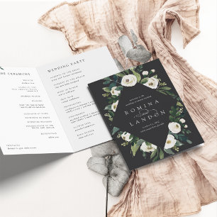 White Peony Watercolor Floral Frame Wedding Program