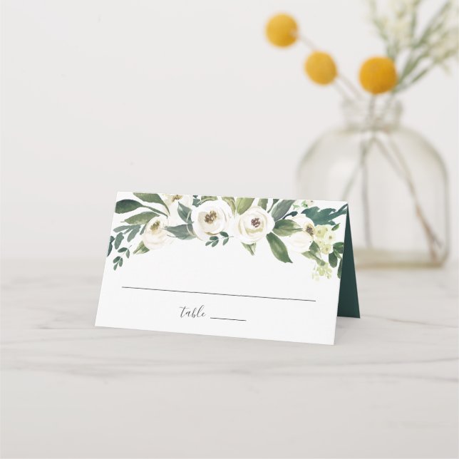 White Peony | Watercolor Floral Wedding Place Card (Front)