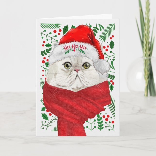 White Perisan Cat Santa Hat Meowy Christmas Holiday Card (Front)