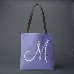 White Periwinkle Blue Girly Monogram Tote Bag<br><div class="desc">A stylish modern white and black script monogram on a trendy periwinkle background serving tray. Modern and elegant.</div>