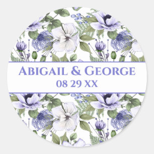 White Periwinkle Florals Purple Wedding Favour Classic Round Sticker