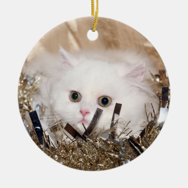 White Persian cat Christmas Ceramic Ornament (Front)