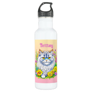 White Persian Cat in Flowers Personalised 710 Ml Water Bottle