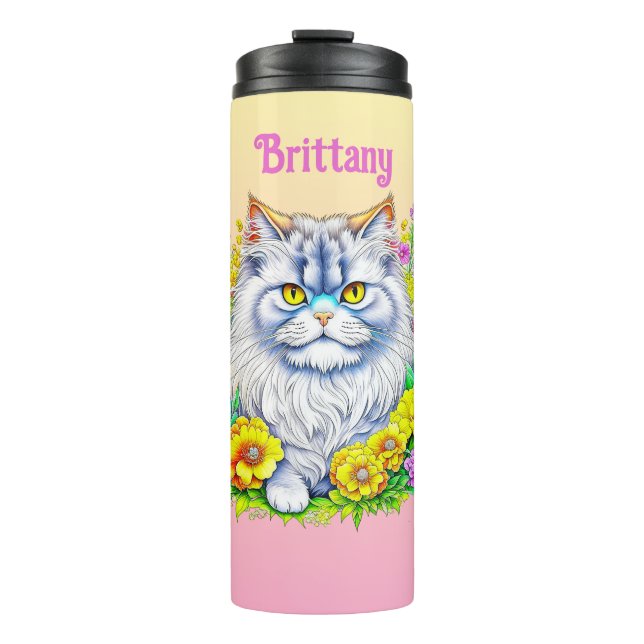 White Persian Cat in Flowers Personalised Thermal Tumbler (Front)