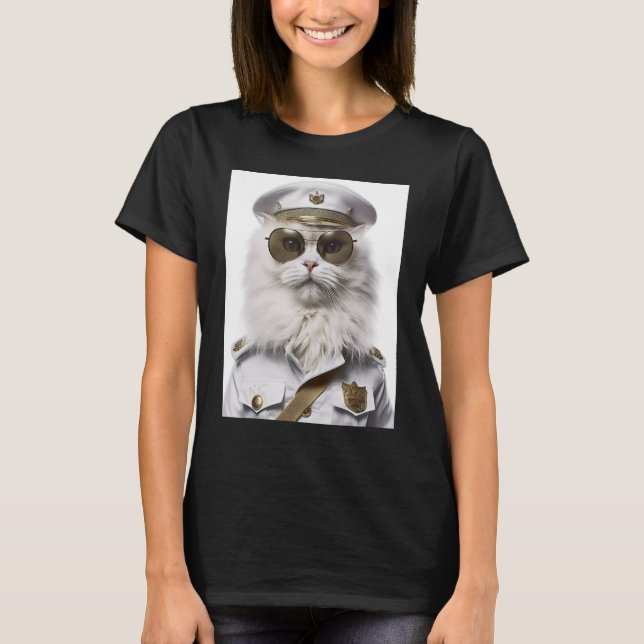 White Persian cat military cap T-Shirt (Front)
