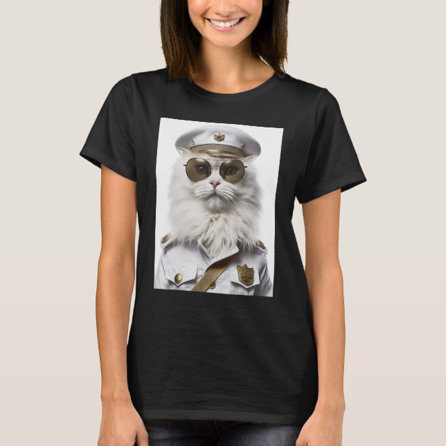 White Persian cat military cap T-Shirt (Front)
