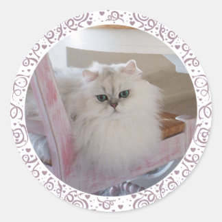 White Persian Cat on a Pink Chair Classic Round Sticker