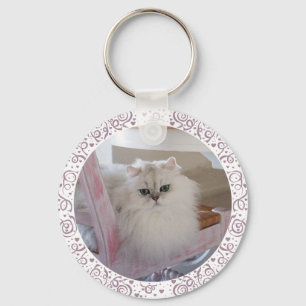 White Persian Cat on a Pink Chair Key Ring