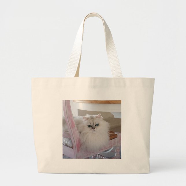 White Persian Cat on a Pink Chair Large Tote Bag (Front)
